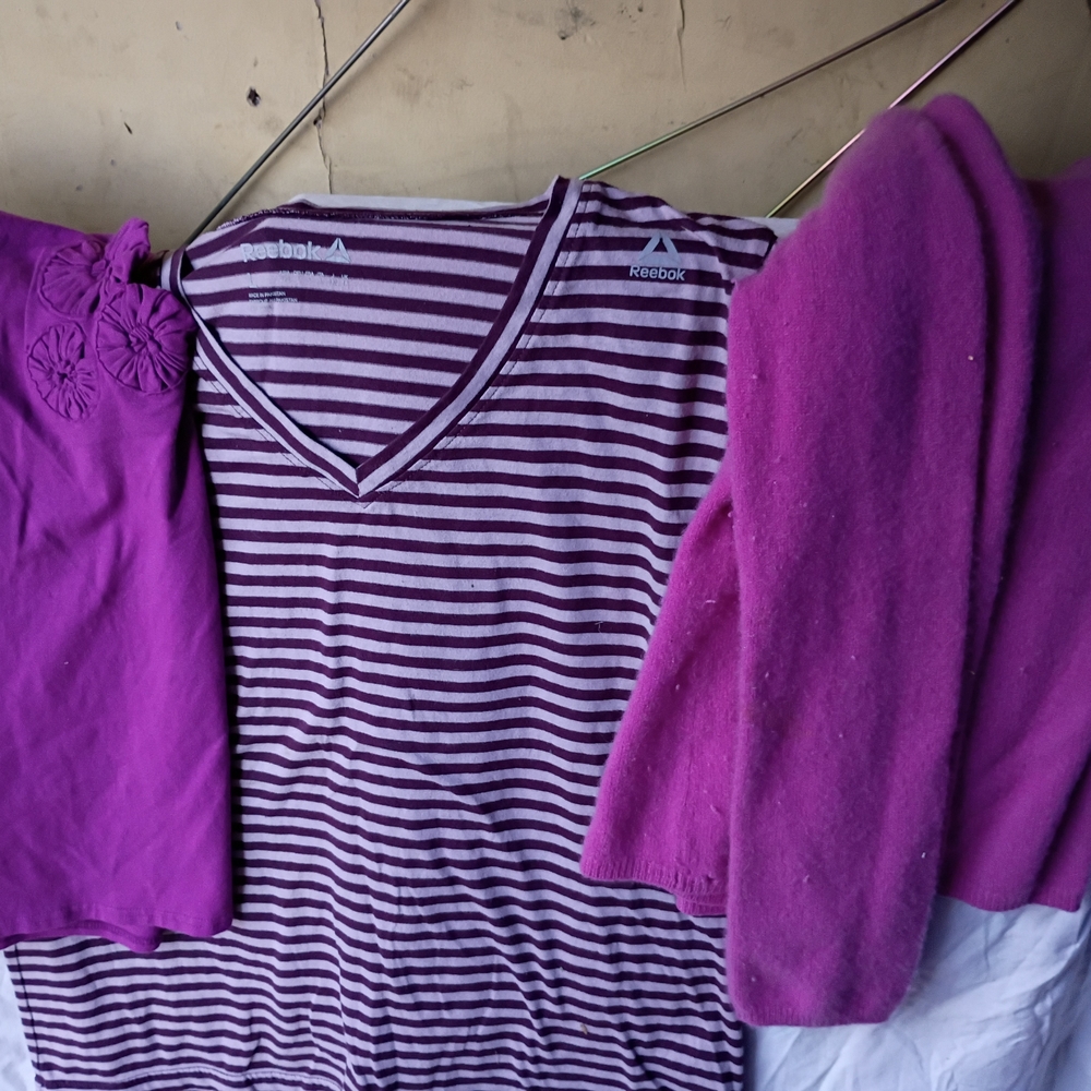 Reebok Purple and White Striped V-Neck Top